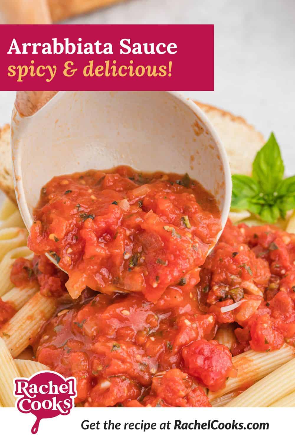 Pasta sauce, text overlay reads "arrabbiata sauce - spicy and delicious."
