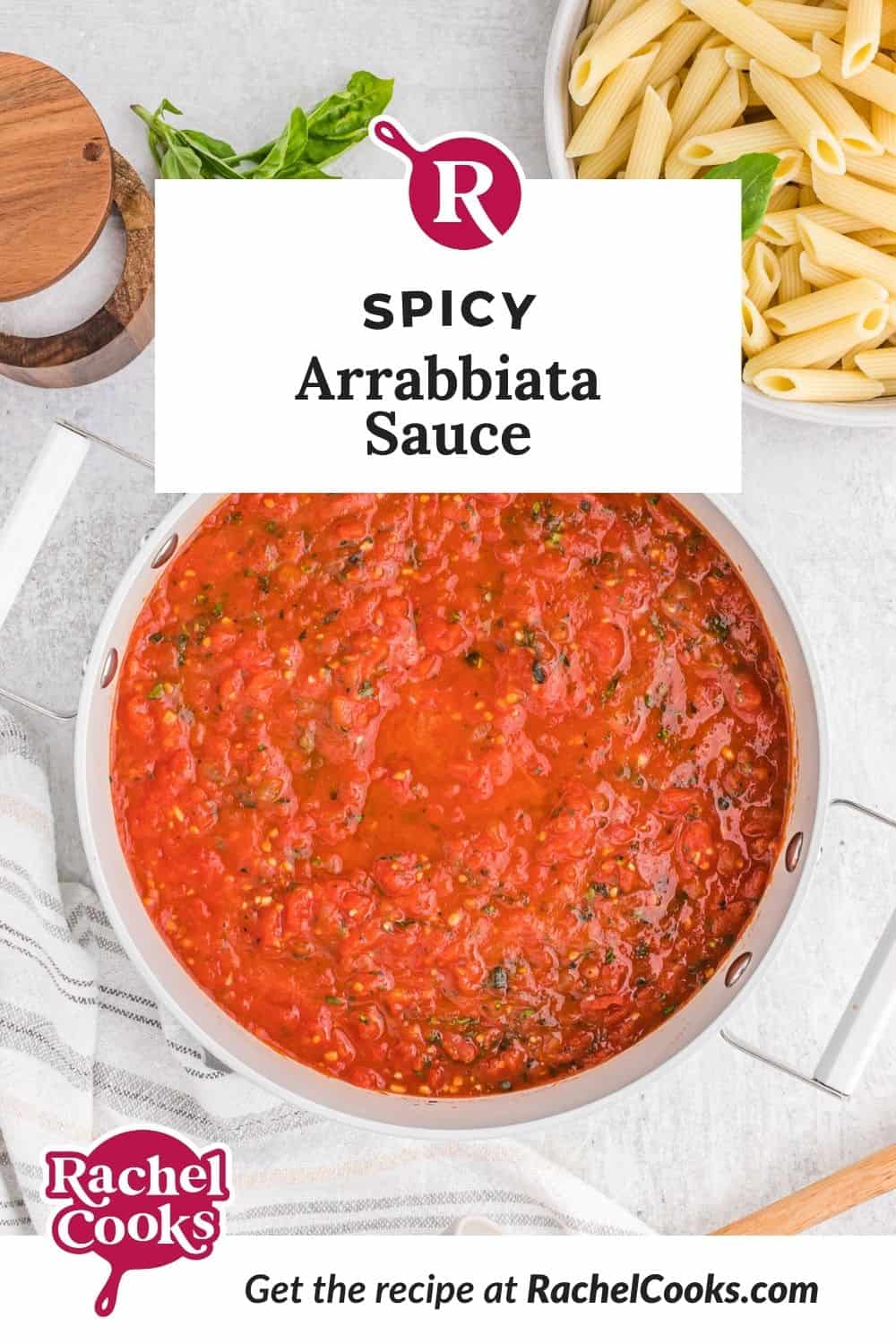 Pasta sauce, text overlay reads "spicy arrabbiata sauce."