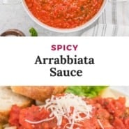 Pasta sauce, text overlay reads "spicy arrabbiata sauce."