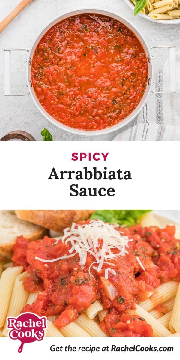 Pasta sauce, text overlay reads "spicy arrabbiata sauce."