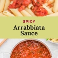 Pasta sauce, text overlay reads "spicy arrabbiata sauce."