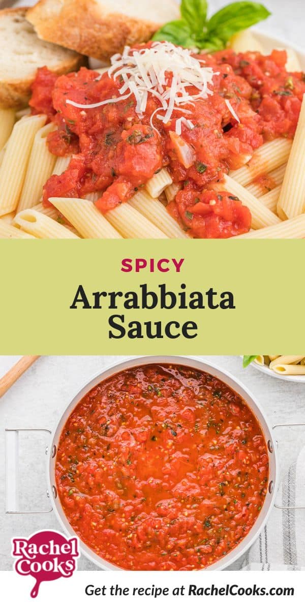 Pasta sauce, text overlay reads "spicy arrabbiata sauce."