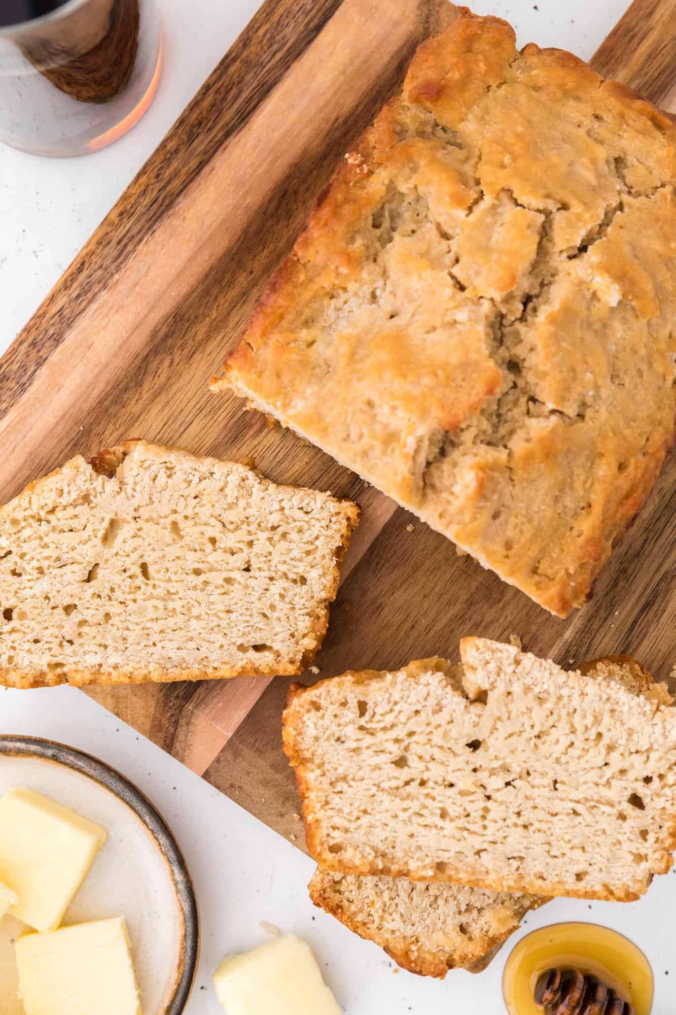 Beer bread, sliced to show texture.