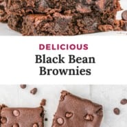 Brownies, text overlay reads "delicious black bean brownies."