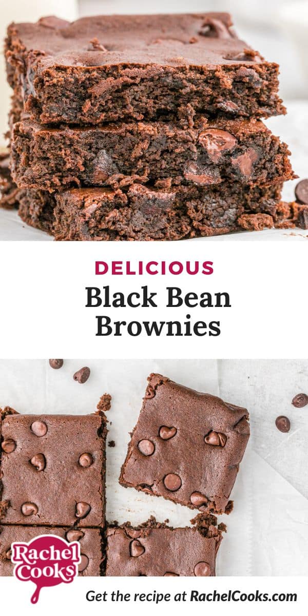 Brownies, text overlay reads "delicious black bean brownies."