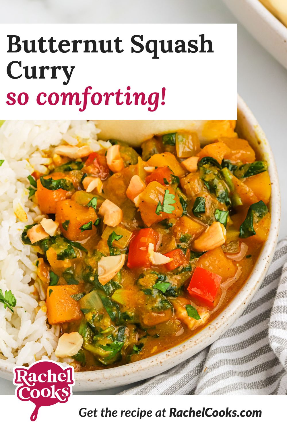 Curry, text overlay reads "butternut squash curry - so comforting!"