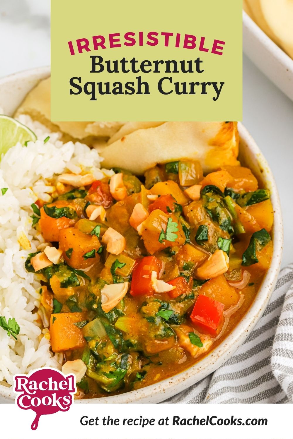 Curry, text overlay reads "irresistible butternut squash curry."