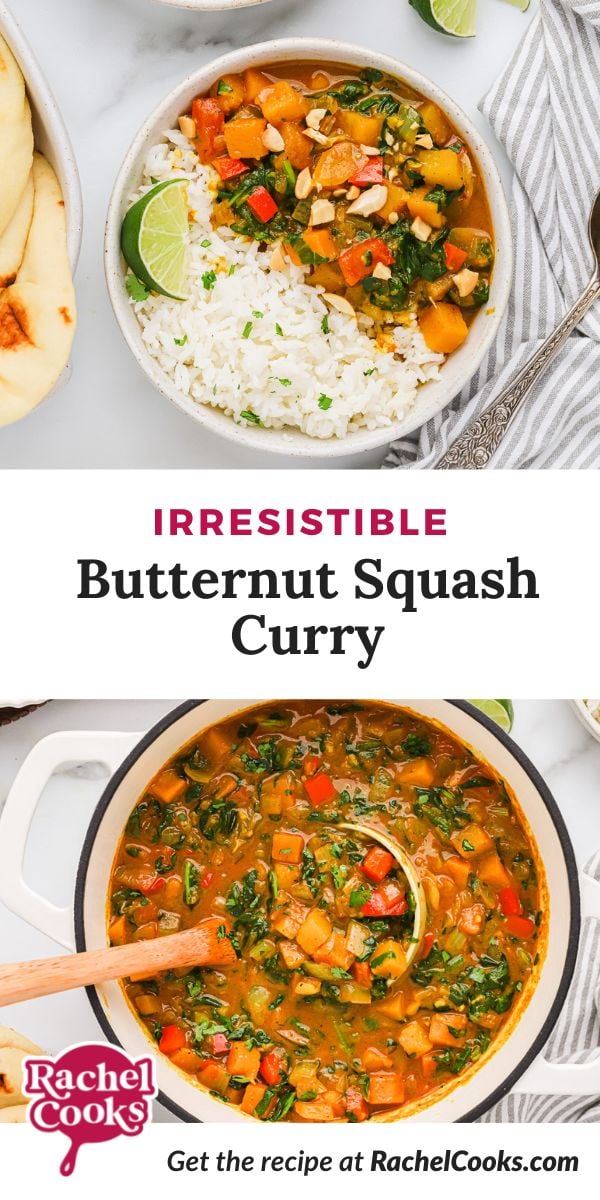 Curry, text overlay reads "irresistible butternut squash curry."