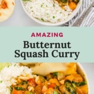 Curry, text overlay reads "amazing butternut squash curry."