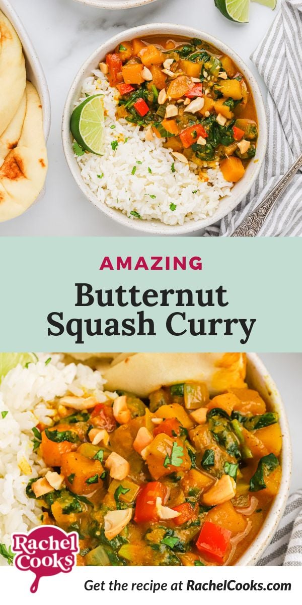 Curry, text overlay reads "amazing butternut squash curry."