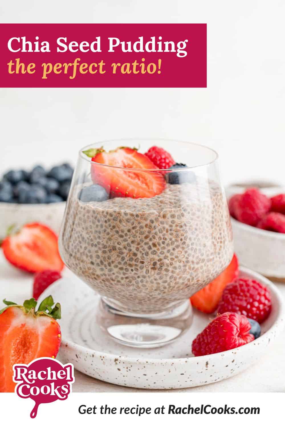Pudding, text overlay reads "chia seed pudding - perfect ratio."