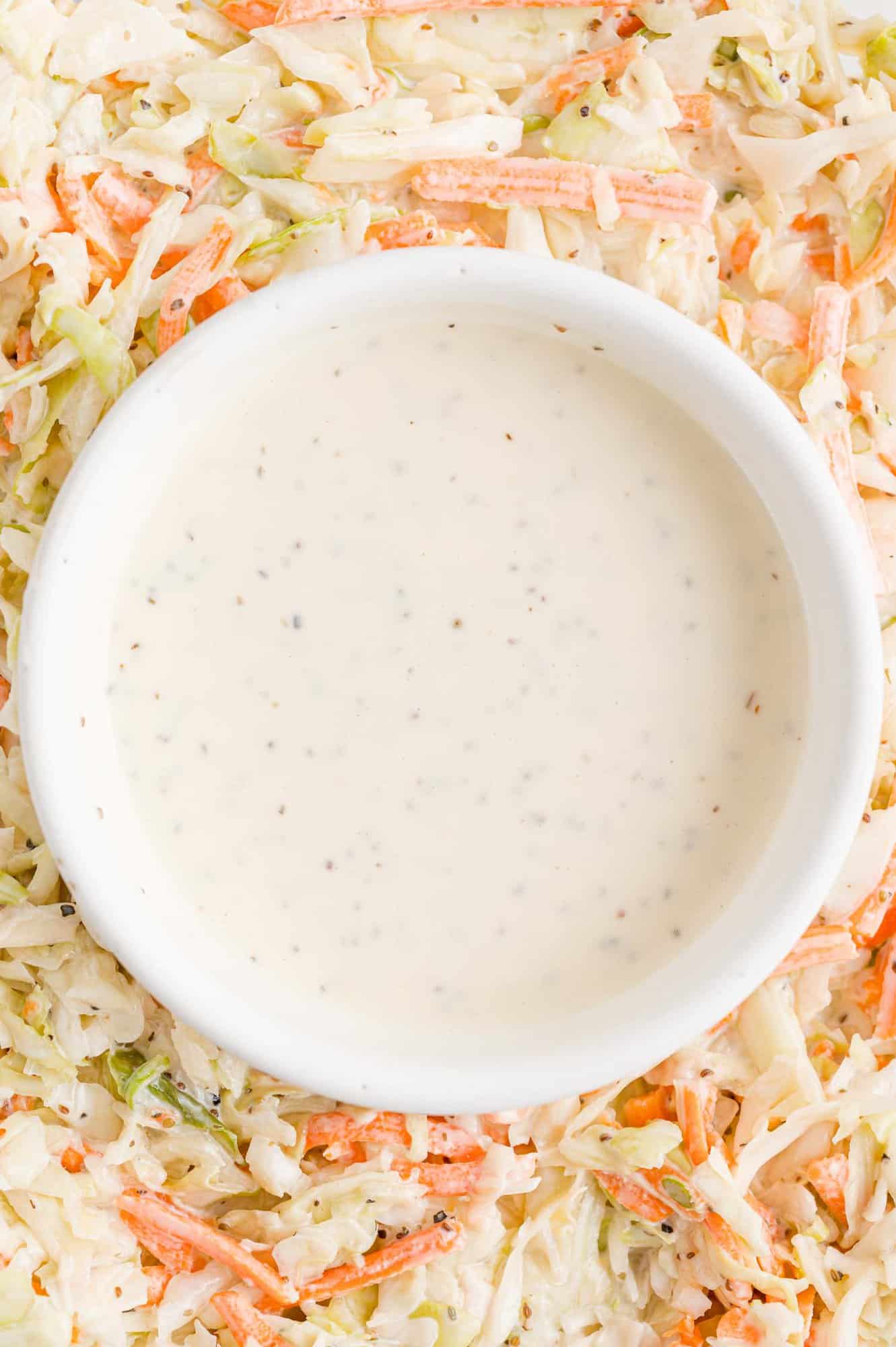 Coleslaw dressing with slaw as a backdrop.