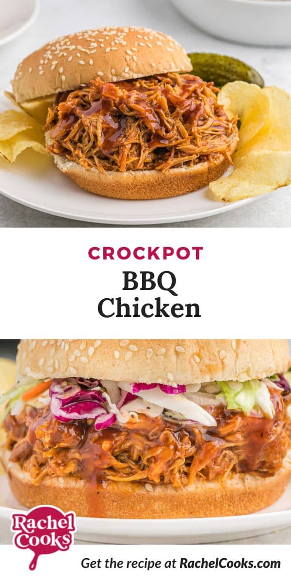 Sandwich, text overlay reads "crockpot bbq chicken."