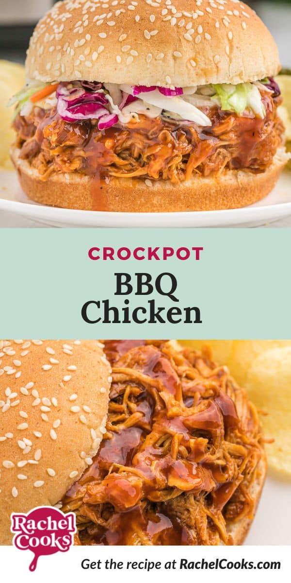 Sandwich, text overlay reads "crockpot bbq chicken."