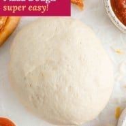 Pizza, text overlay reads "homemade pizza dough - super easy."