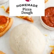 Pizza, text overlay reads "homemade pizza dough."