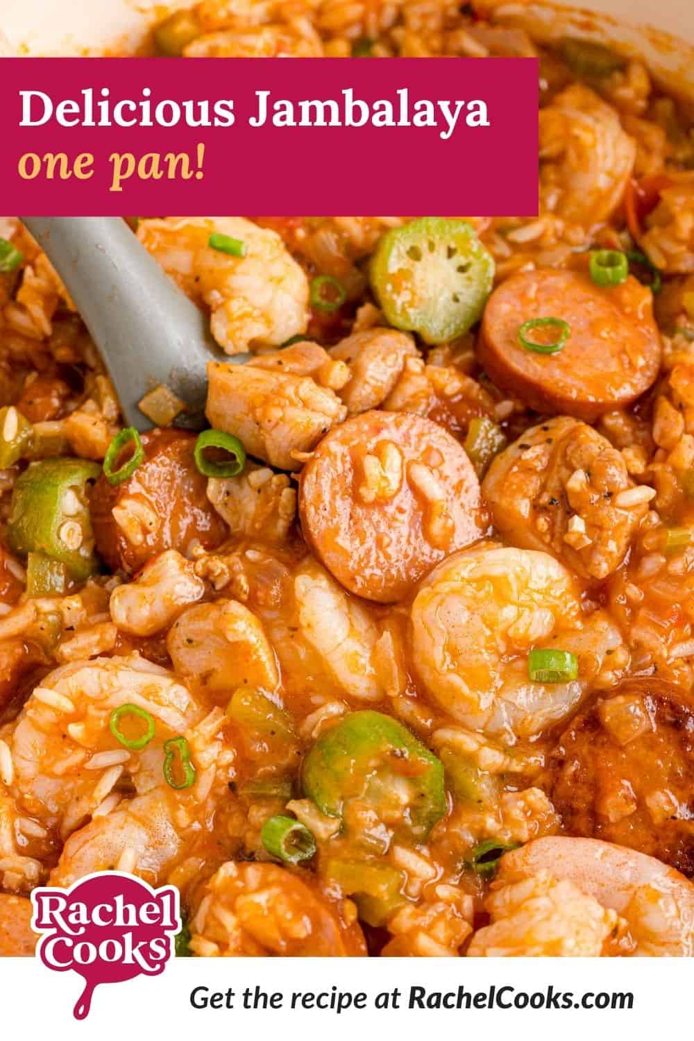 Rice and meat, text overlay reads "delicious jambalaya recipe - one pan."