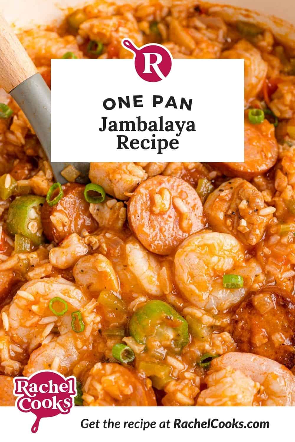 Rice and meat, text overlay reads "one pan jambalaya recipe."