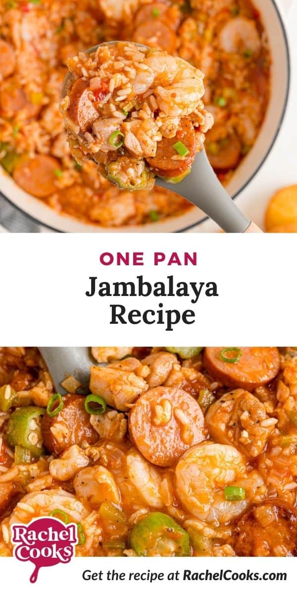 Rice and meat, text overlay reads "one pan jambalaya recipe."