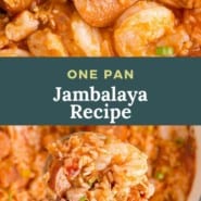 Rice and meat, text overlay reads "one pan jambalaya recipe."
