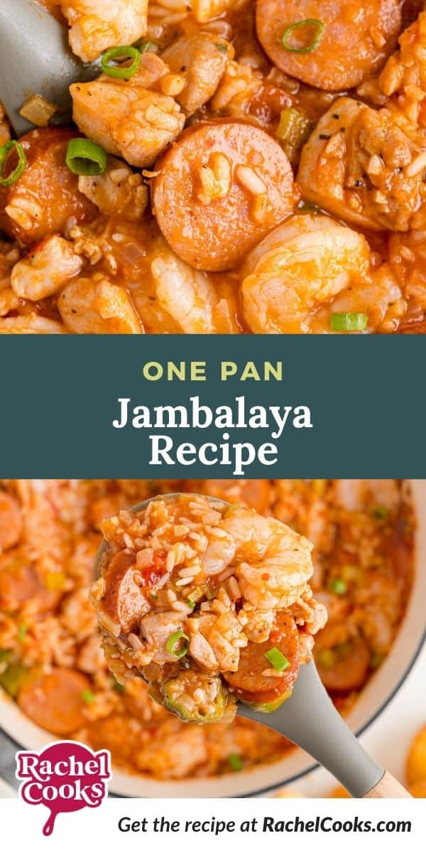 Rice and meat, text overlay reads "one pan jambalaya recipe."