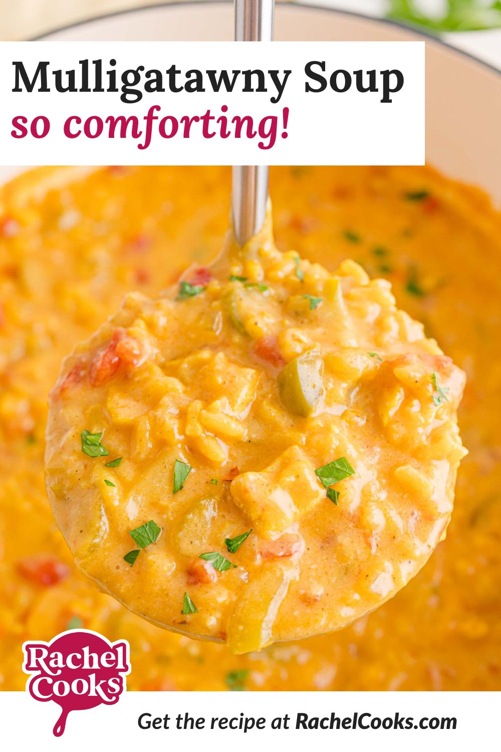 Soup, text overlay reads "mulligatawny soup - so comforting!"