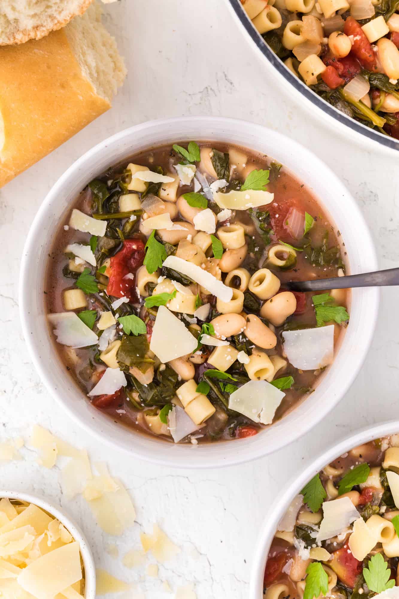 Pasta e fagioli soup in a white bowl.