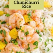 Shrimp and rice, text overlay reads "amazing shrimp with chimichurri rice."