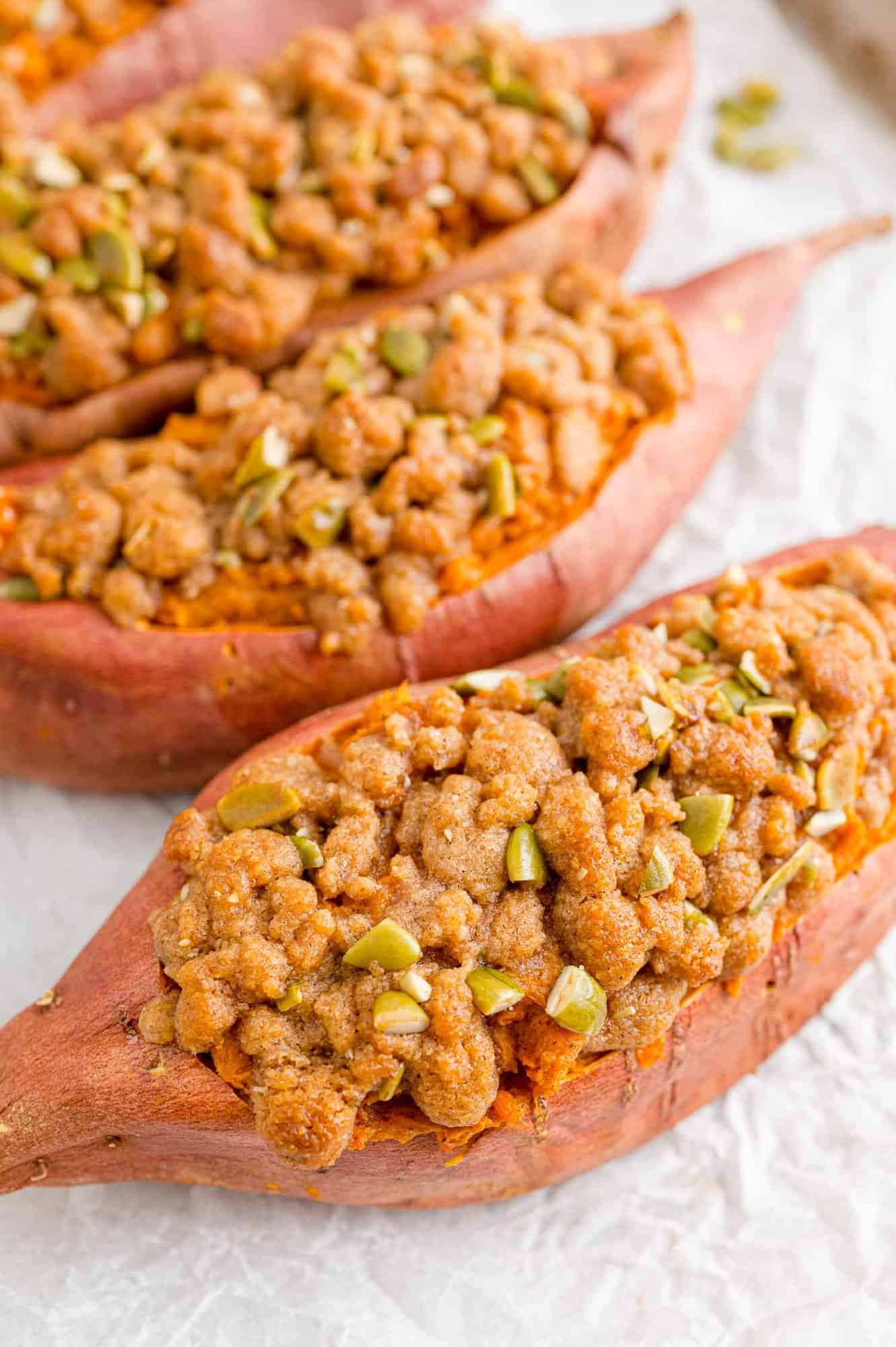 twice-baked-sweet-potatoes-text Twice baked sweet potatoes with a streusel topping.