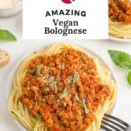 Pasta sauce, text overlay reads "amazing vegan bolognese."