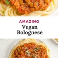 Pasta sauce, text overlay reads "amazing vegan bolognese."