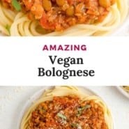 Pasta sauce, text overlay reads "amazing vegan bolognese."