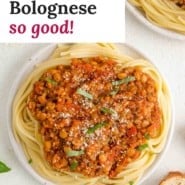 Pasta sauce, text overlay reads "vegan bolognese - so good!"