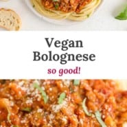 Pasta sauce, text overlay reads "vegan bolognese - so good!"