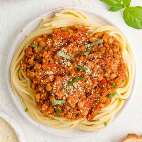 Vegan bolognese atop spaghetti.