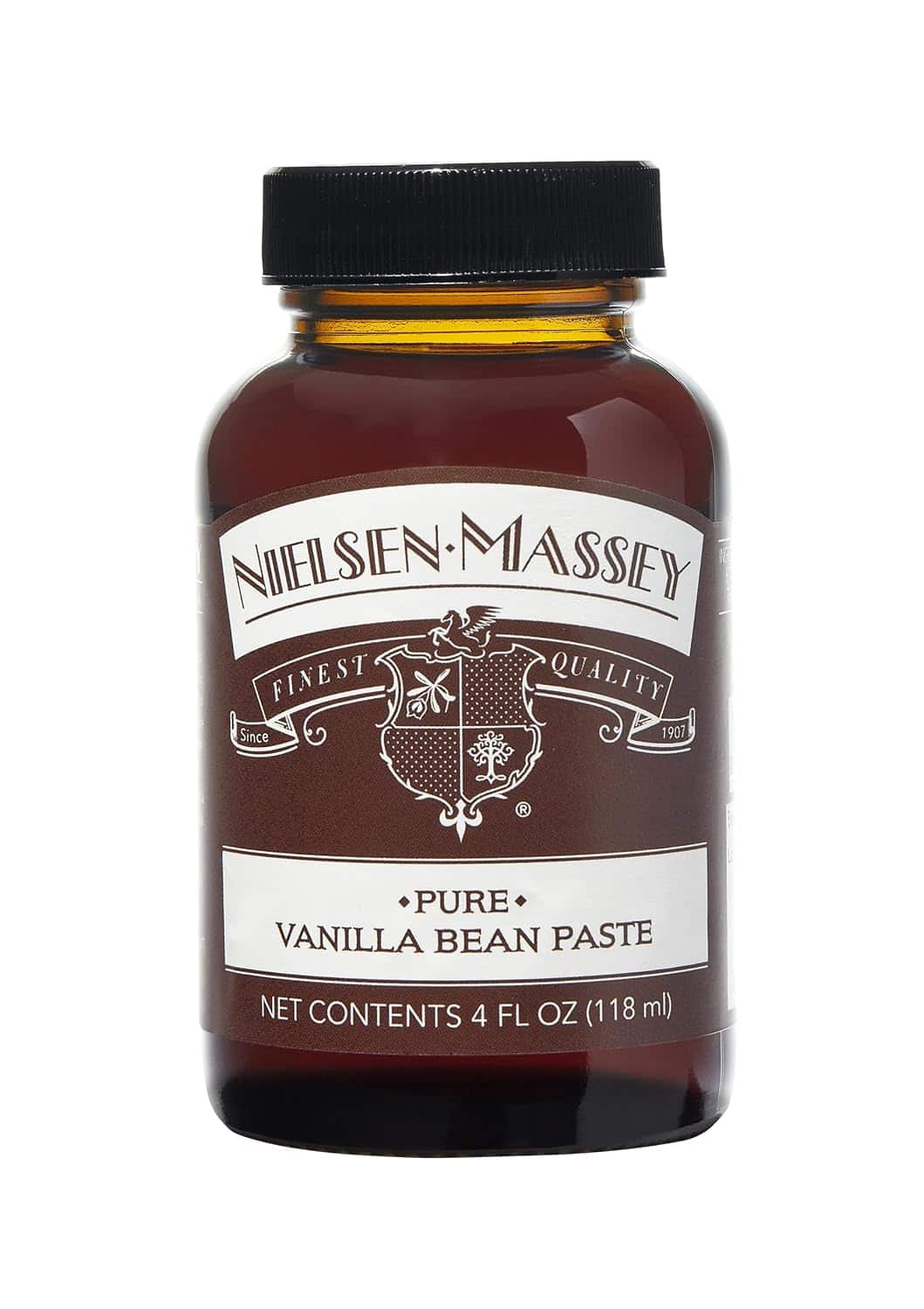 A 4 oz (118 ml) jar of Nielsen-Massey Pure Vanilla Bean Paste with a black lid and brown label featuring the brand's crest and product details—the perfect ingredient to add rich, authentic flavor to your favorite recipes, from classic vanilla pudding to gourmet desserts.