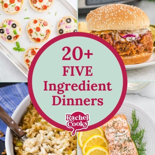 Collage of four dinners, text overlay reads "20+ five ingredient dinner recipes."