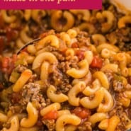 Pasta with beef, text overlay reads "american goulash - made in one pan."