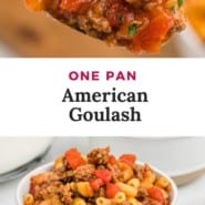 Pasta with beef, text overlay reads "one pan american goulash."