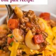 Pasta with beef, text overlay reads "american goulash - one pan."