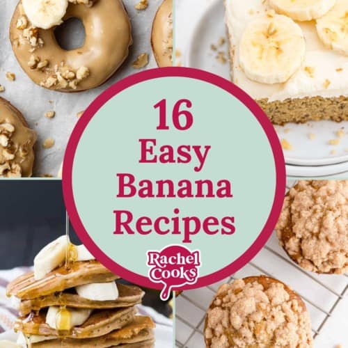 Four recipe images, text overlay reads "16 easy banana recipes."