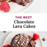 Chocolate cake, text overlay reads "the best chocolate lava cakes."
