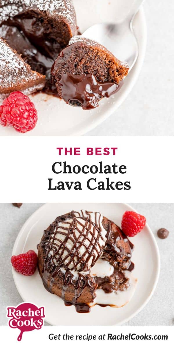 Chocolate cake, text overlay reads "the best chocolate lava cakes."