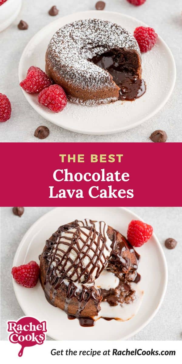 Chocolate cake, text overlay reads "the best chocolate lava cakes."