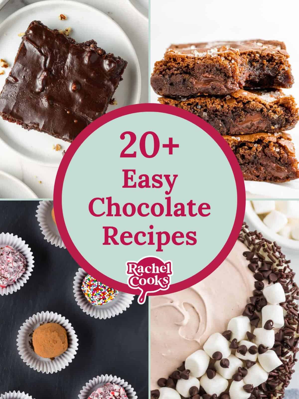Four chocolate desserts, text overlay reads "20+ easy chocolate recipes."