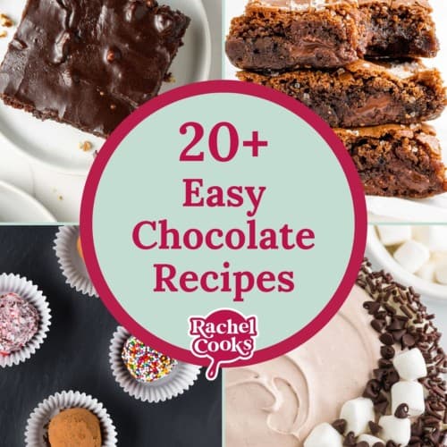 Four chocolate desserts, text overlay reads "20+ easy chocolate recipes."