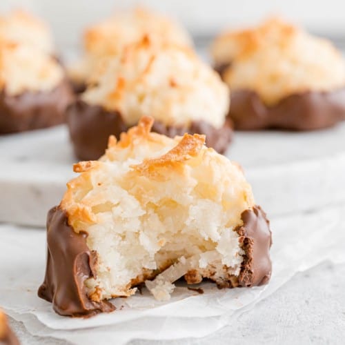 Coconut macaroon dipped in chocolate.