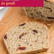 Bread, text overlay reads "cranberry walnut bread with oats - so good."