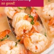 Shrimp, text overlay reads "creamy coconut shrimp - so good."