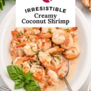 Shrimp, text overlay reads "irresistible creamy coconut shrimp."